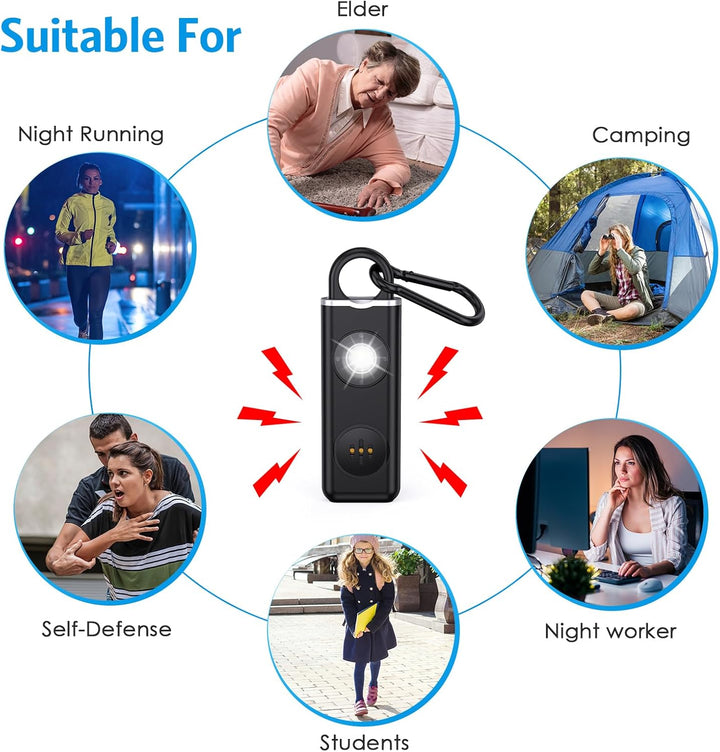 Veyora 130dB personal alarm with strobe light, compact design for travel security at night
