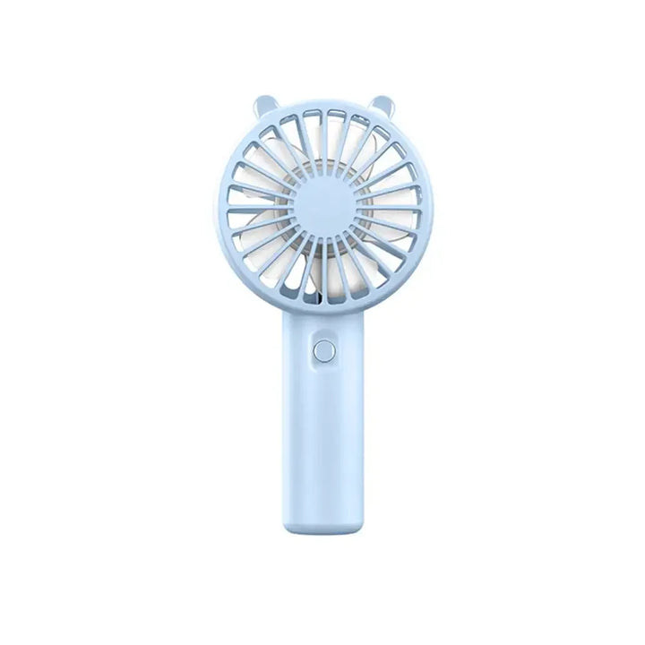 Detailed view of the power button and USB charging port on the Veyra portable mini fan, highlights ease of use