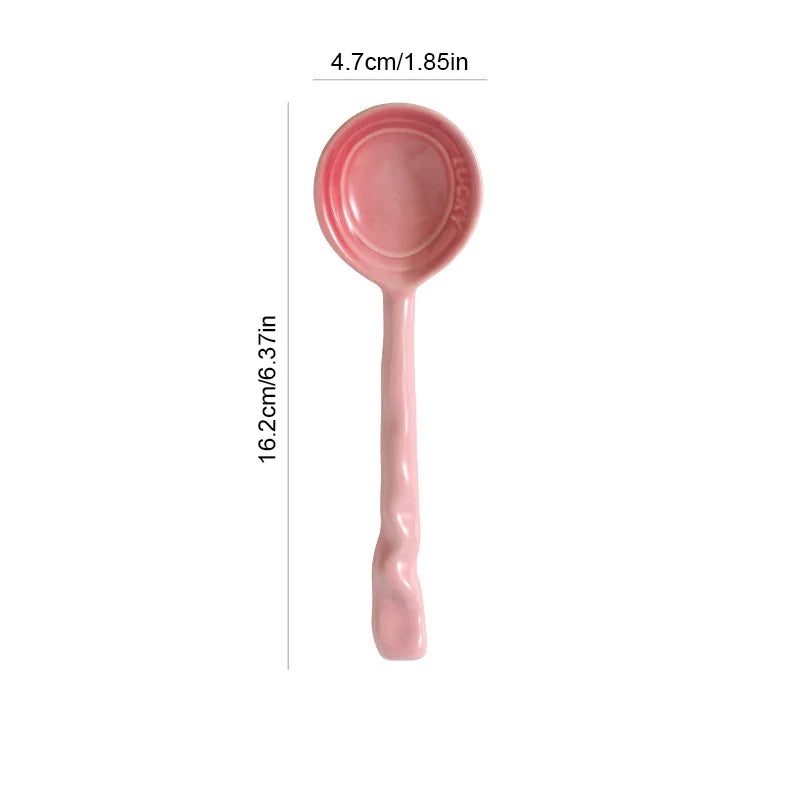 Ceramic stirring spoons, 8-piece set, with vibrant colors & ergonomic wavy handles for kitchen.