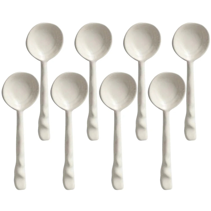 Set of 8 colorful ceramic spoons for cooking, baking & serving. Durable kitchen accessories.