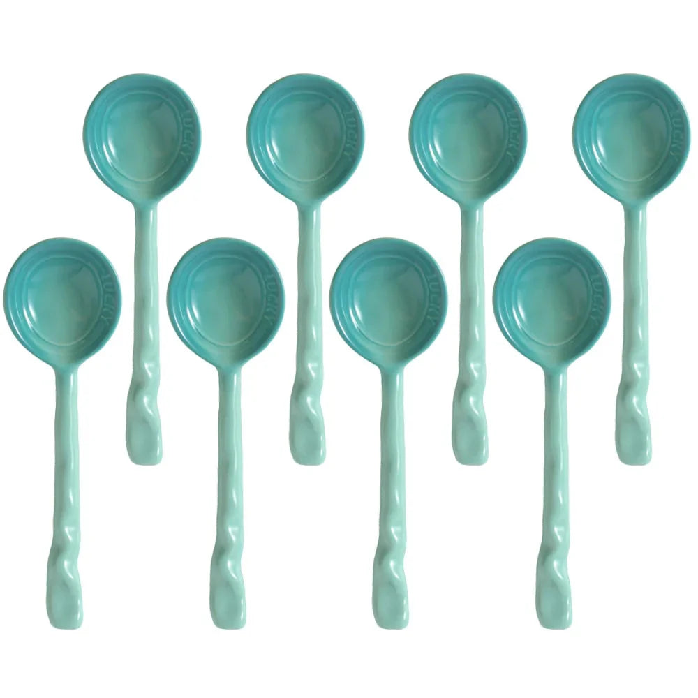 8 durable ceramic kitchen spoons with wavy handles, vibrant colors for cooking & serving.