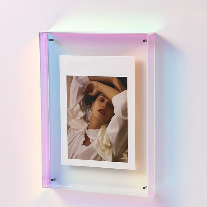 Artistic vibrant acrylic photo frame, ideal for showcasing photos and enhancing home decor.