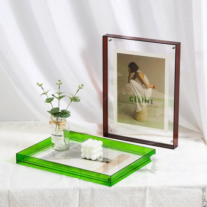Stylish acrylic picture frame, ideal for vibrant table decor or a unique gift.