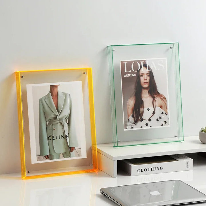 Clear vibrant acrylic frame, perfect for enhancing any home decor with a splash of color.