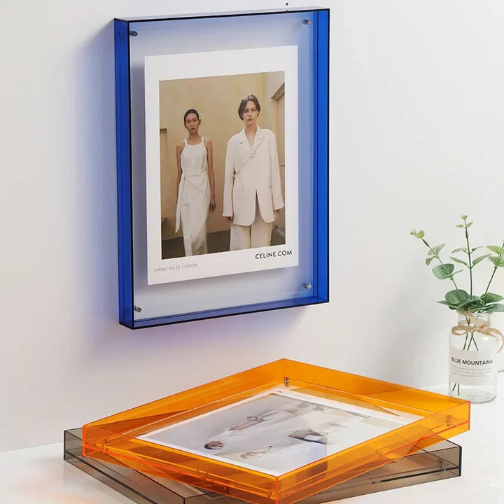 Contemporary acrylic photo frame with vibrant colors for striking wall or table display.