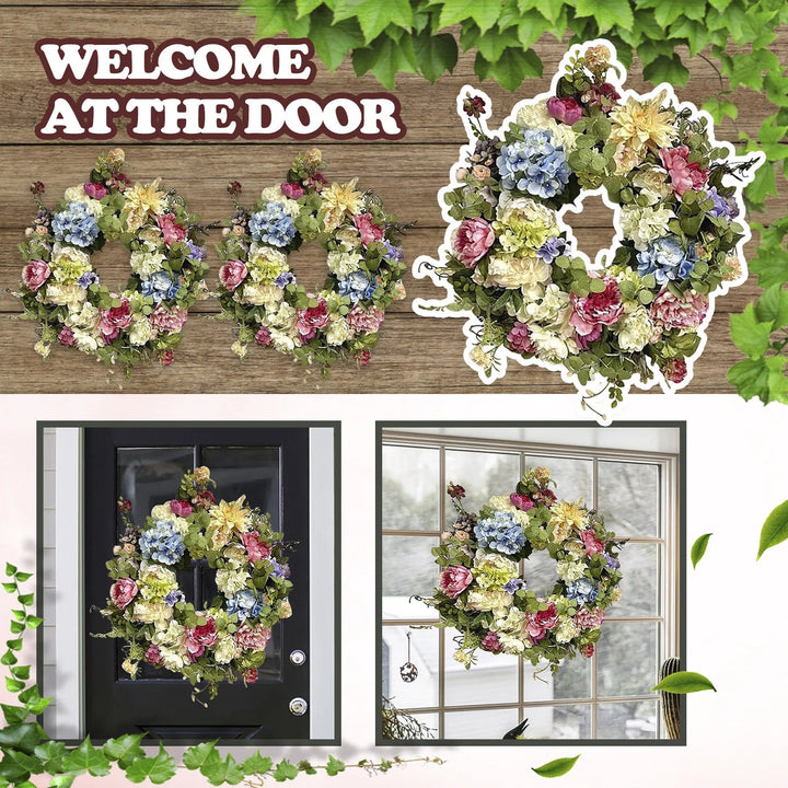Stunning artificial hydrangea wreath with vibrant rainbow blooms, ideal for seasonal home decor and indoor/outdoor display.
