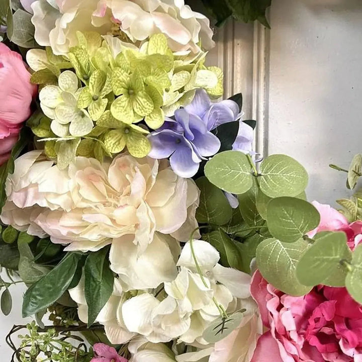 Colorful rainbow floral hydrangea wreath, an eye-catching artificial garland for front door or versatile home accent.