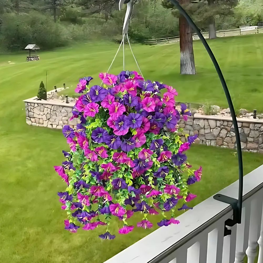 Vibrant artificial morning glory hanging decor, perfect for indoor or outdoor spaces. UV resistant faux vines.