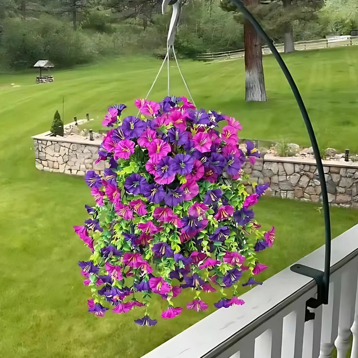 Vibrant artificial morning glory hanging decor, perfect for indoor or outdoor spaces. UV resistant faux vines.