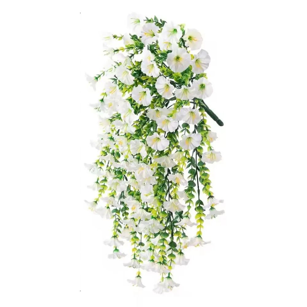 Realistic artificial morning glory hanging plant, providing vibrant color with no maintenance. Great for home or garden.