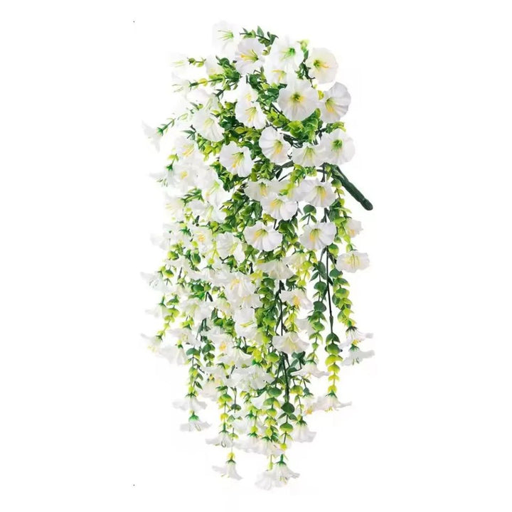 Realistic artificial morning glory hanging plant, providing vibrant color with no maintenance. Great for home or garden.