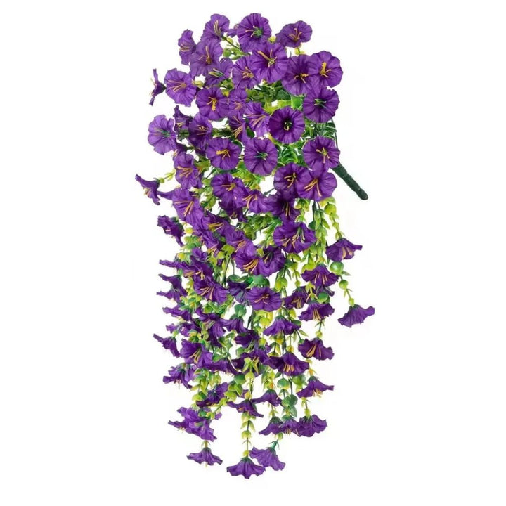 Close-up of vibrant artificial morning glory flowers & green vines, creating a lush hanging floral display.