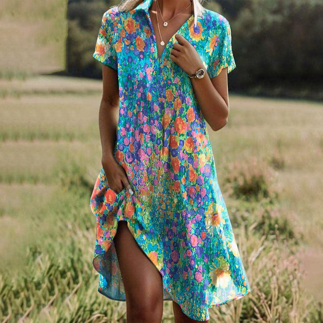 Vibrant bohemian flowing maxi dress for women, perfect for summer casual wear or beach outings.