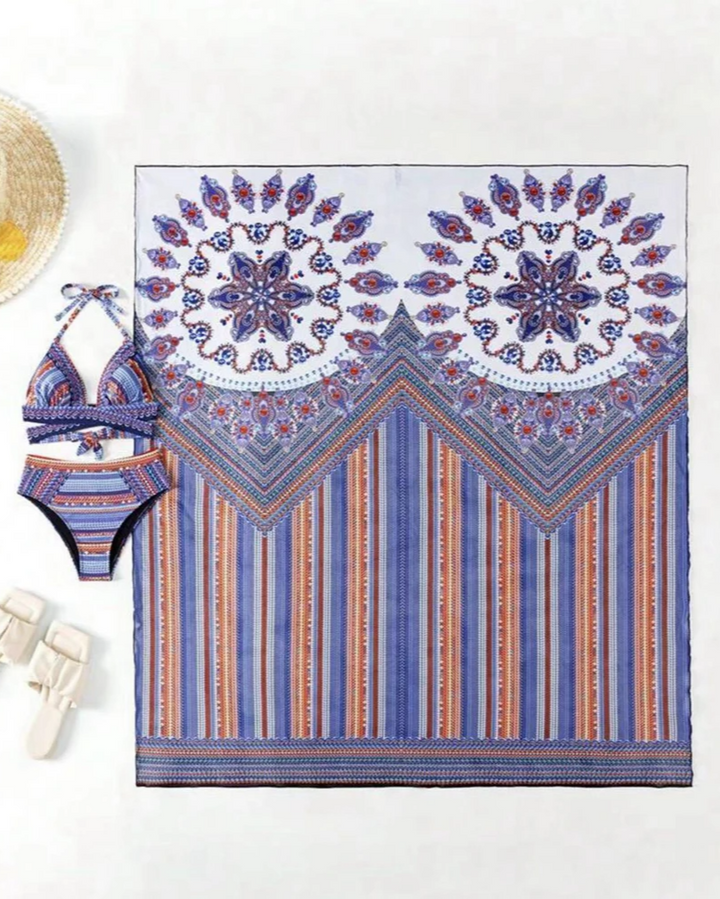 Comfortable and chic women's boho 3-piece swim set, high-waisted ethnic print bikini & breezy kimono.