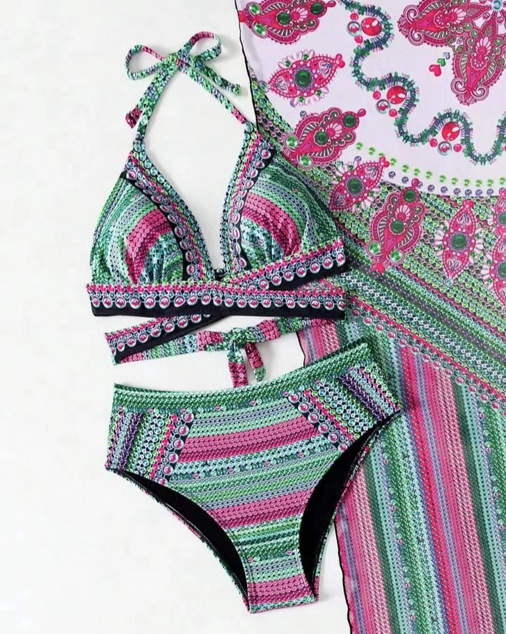 Perfect summer fashion: women's vibrant boho 3-piece swim set, ideal resort wear with kimono cover-up.