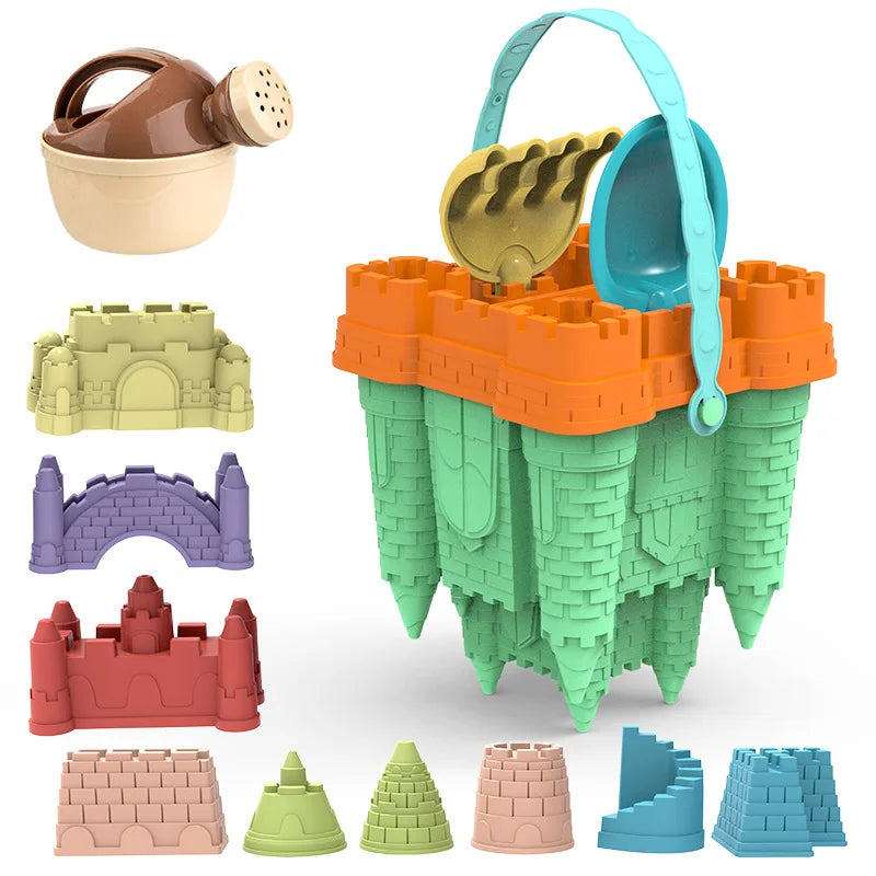 Vibrant children's sandcastle playset with multiple sand molds, bucket, and shovel for creative beach fun.