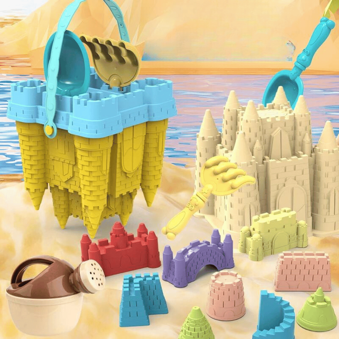 Kids sandcastle playset for imaginative outdoor fun. Includes colorful molds, bucket & shovel for beach play.