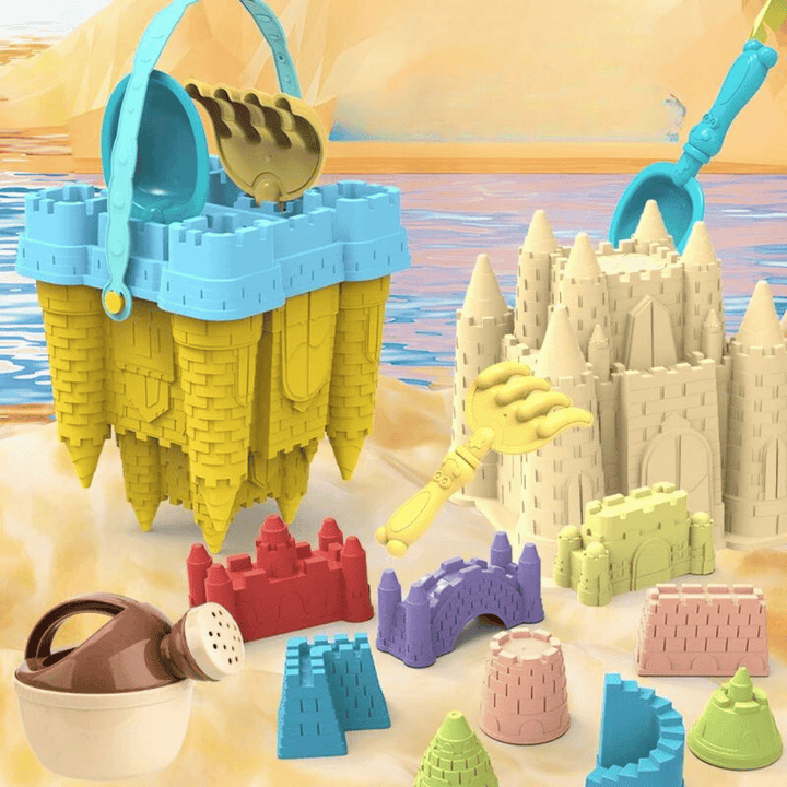 Kids sandcastle playset for imaginative outdoor fun. Includes colorful molds, bucket & shovel for beach play.
