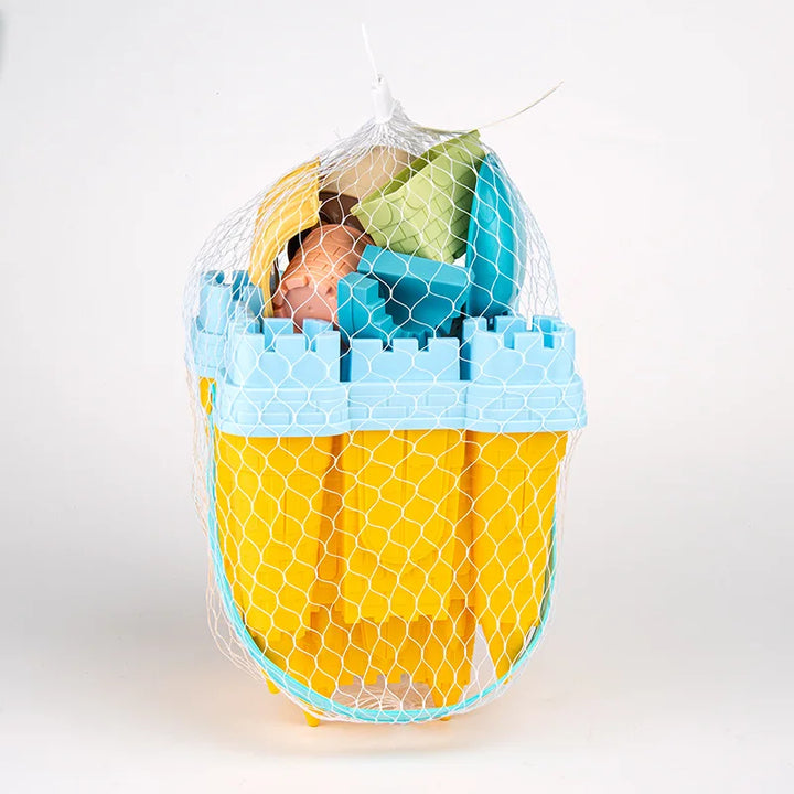 Complete sandcastle building playset with bucket, shovel, and various sand molds for kids' beach activities.