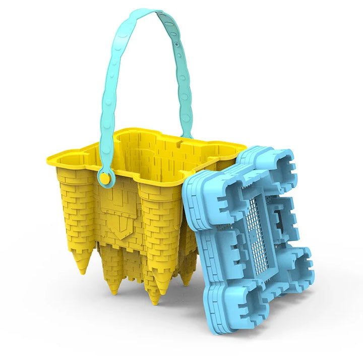 Bright plastic sandcastle playset with molds, bucket & shovel for summer beach fun and creative family play.