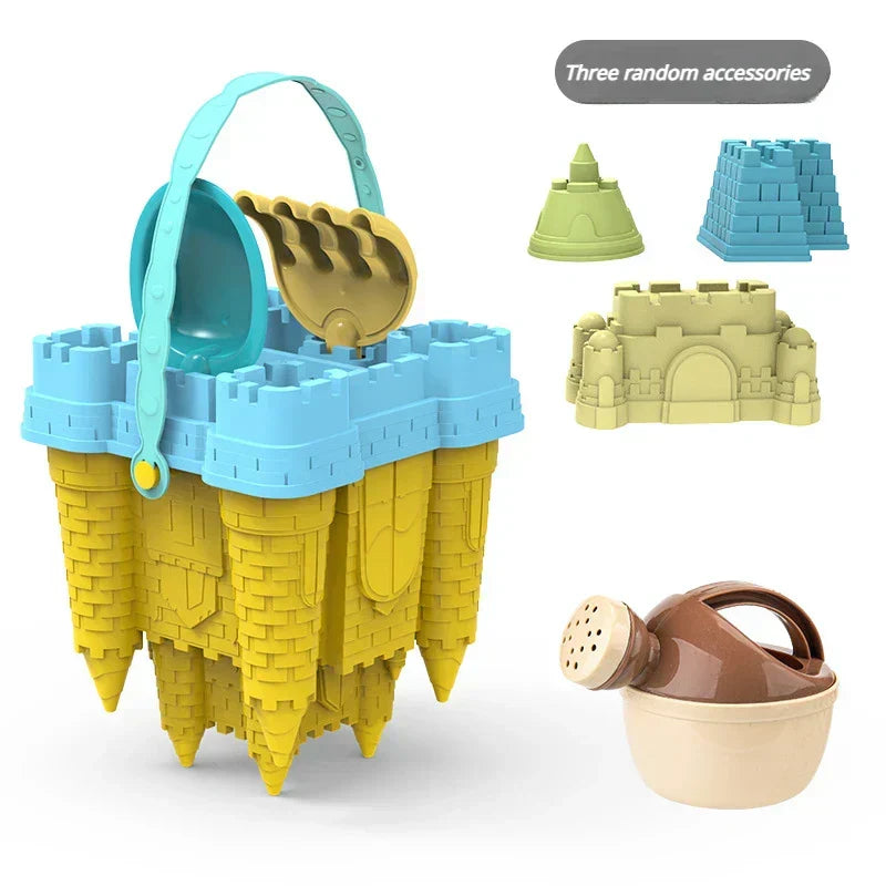 Colorful children's beach toy set: sand molds, bucket, and shovel for building unique sandcastles & creative play.