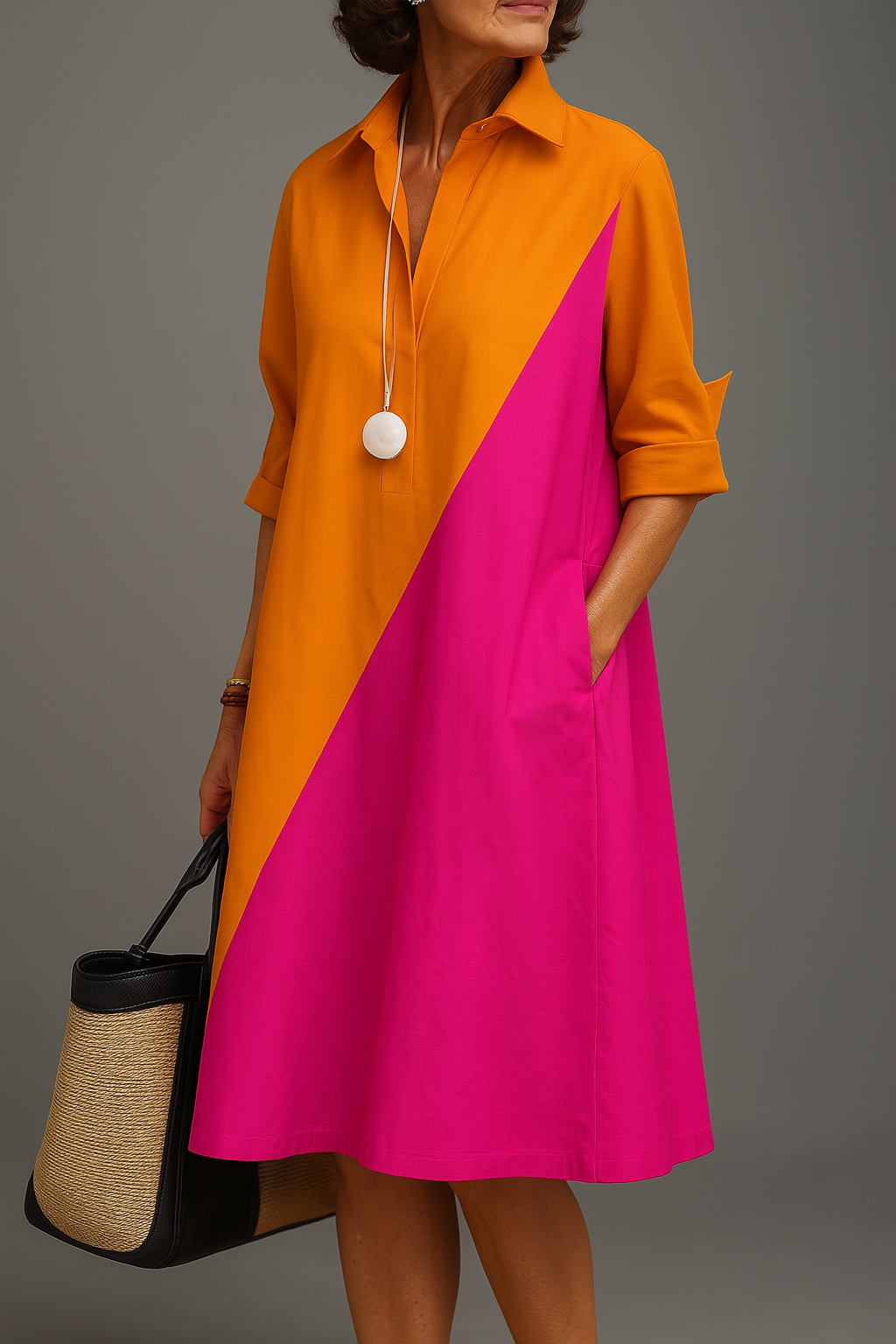 Vibrant colorblock A-line shirt dress for women. Elegant, stylish & versatile for casual or smart casual occasions.