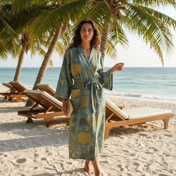 Vibrant floral cotton women's kimono robe, perfect as summer loungewear or beachwear