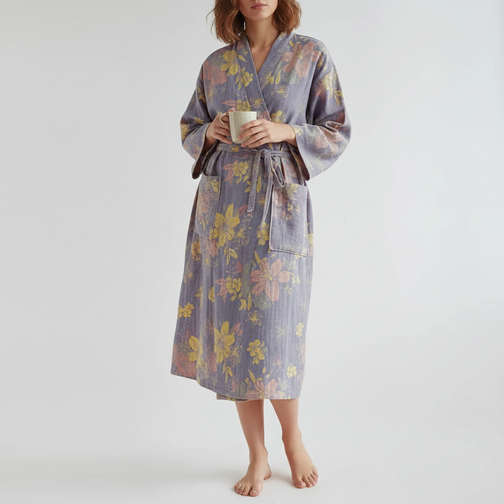 Floral pattern cotton kimono robe for women, designed for comfortable loungewear