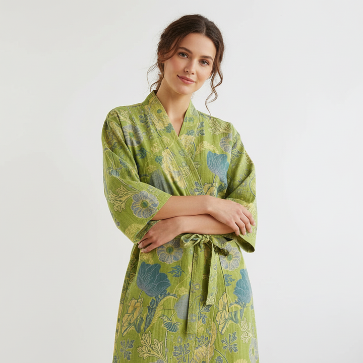 Soft cotton women's kimono robe featuring an eye-catching floral design, great for summer