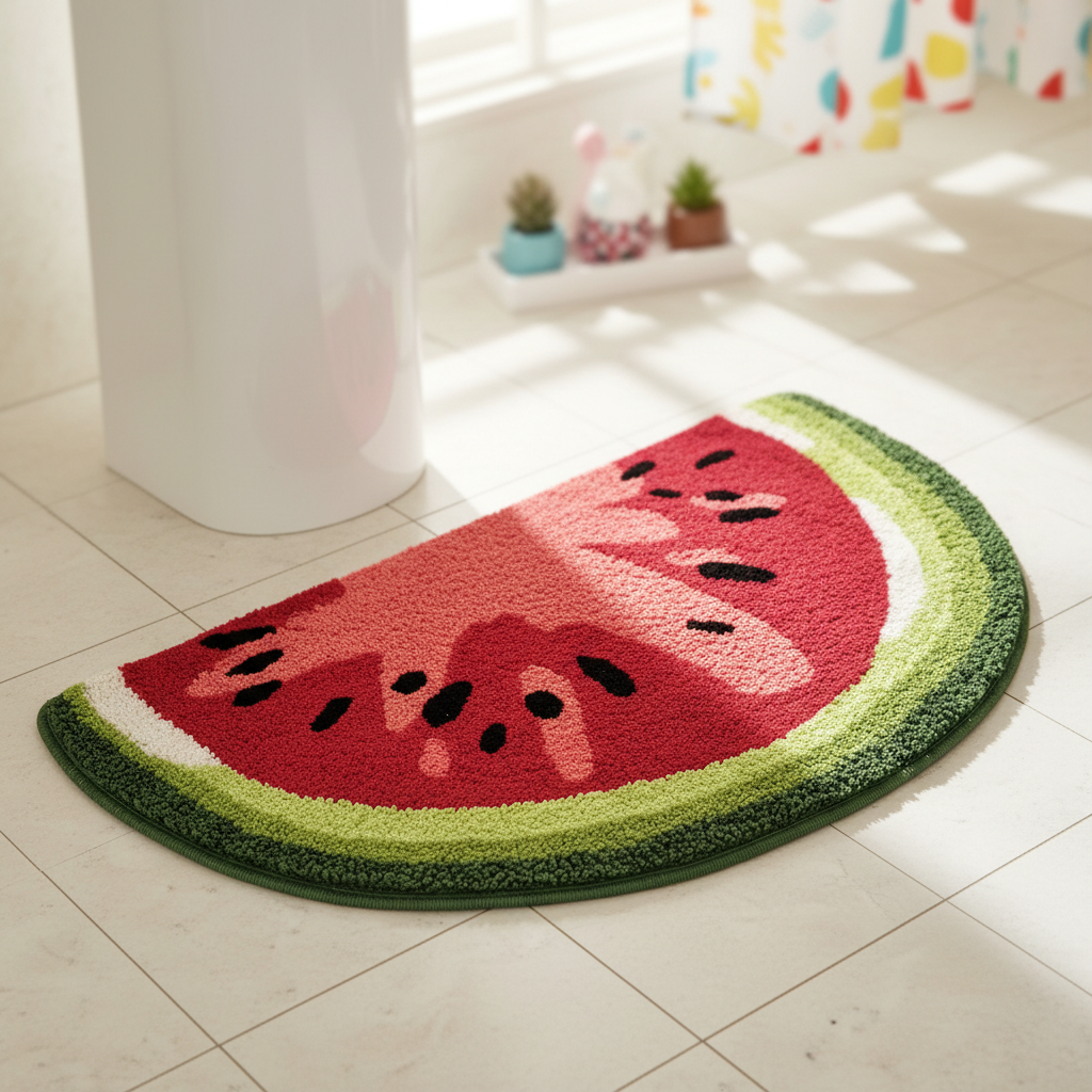 Vibrant fruit design non-slip bath mat, quick-dry microfiber for a safe bathroom exit.