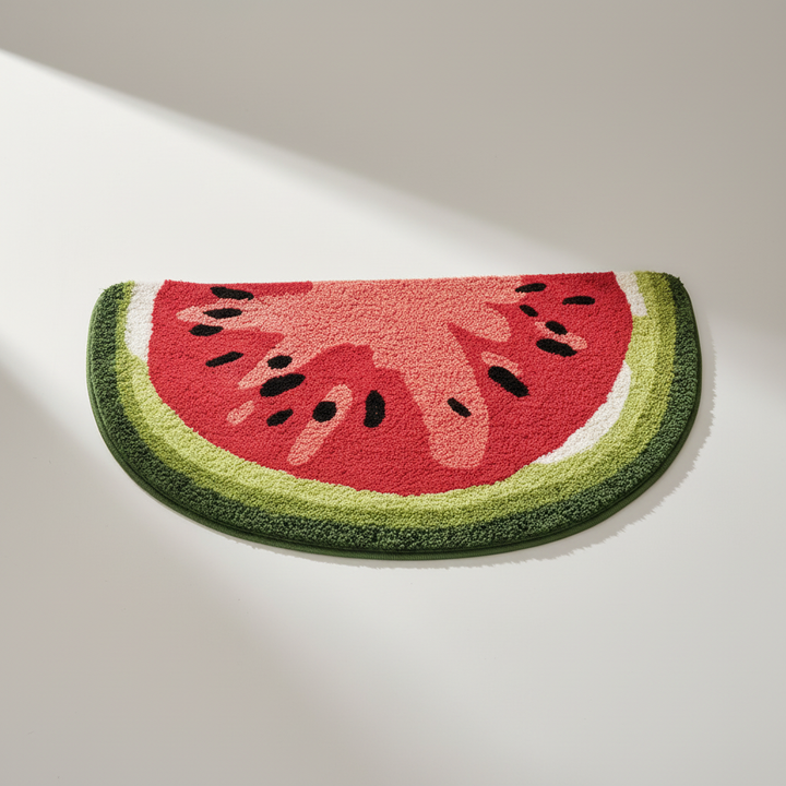 Colorful 'FruitMat' bathroom rug with peaches, strawberries, and pineapples, 20x30 inches.