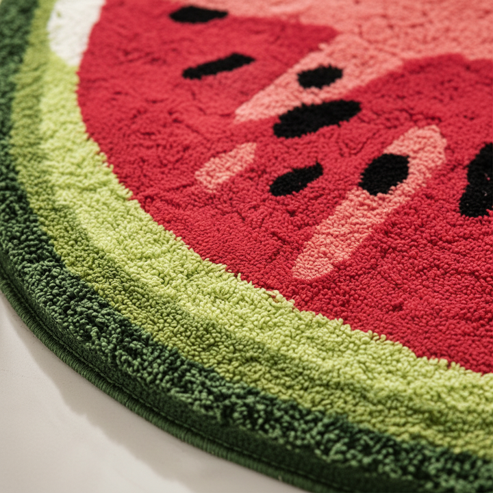 Non-slip microfiber bathmat featuring a lively fruit pattern, perfect for a fun bathroom decor.