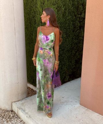 Vibrant halo-dye maxi dress for women with flowy silhouette & detachable scarf. Perfect summer occasion wear.