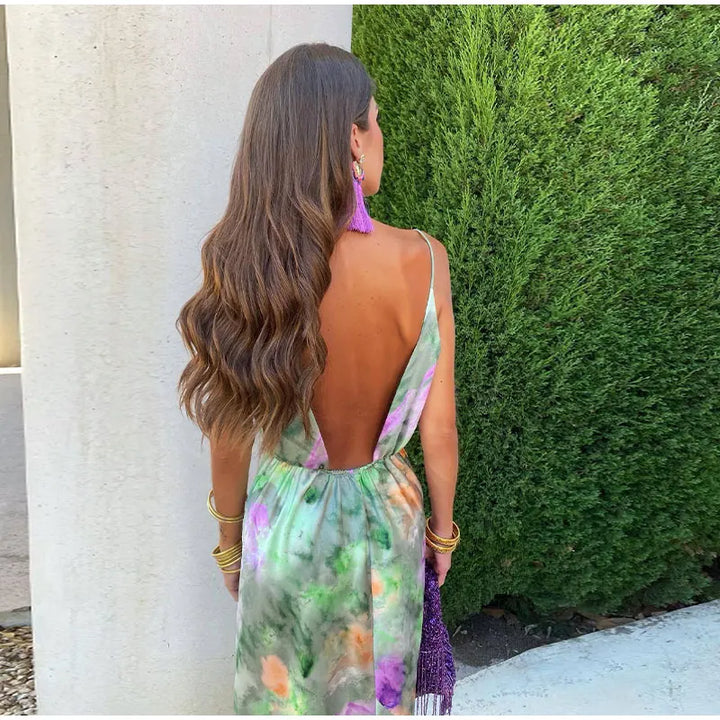 Elegant women's vibrant halo-dye maxi dress, ideal for summer occasions. Includes a stylish detachable scarf.