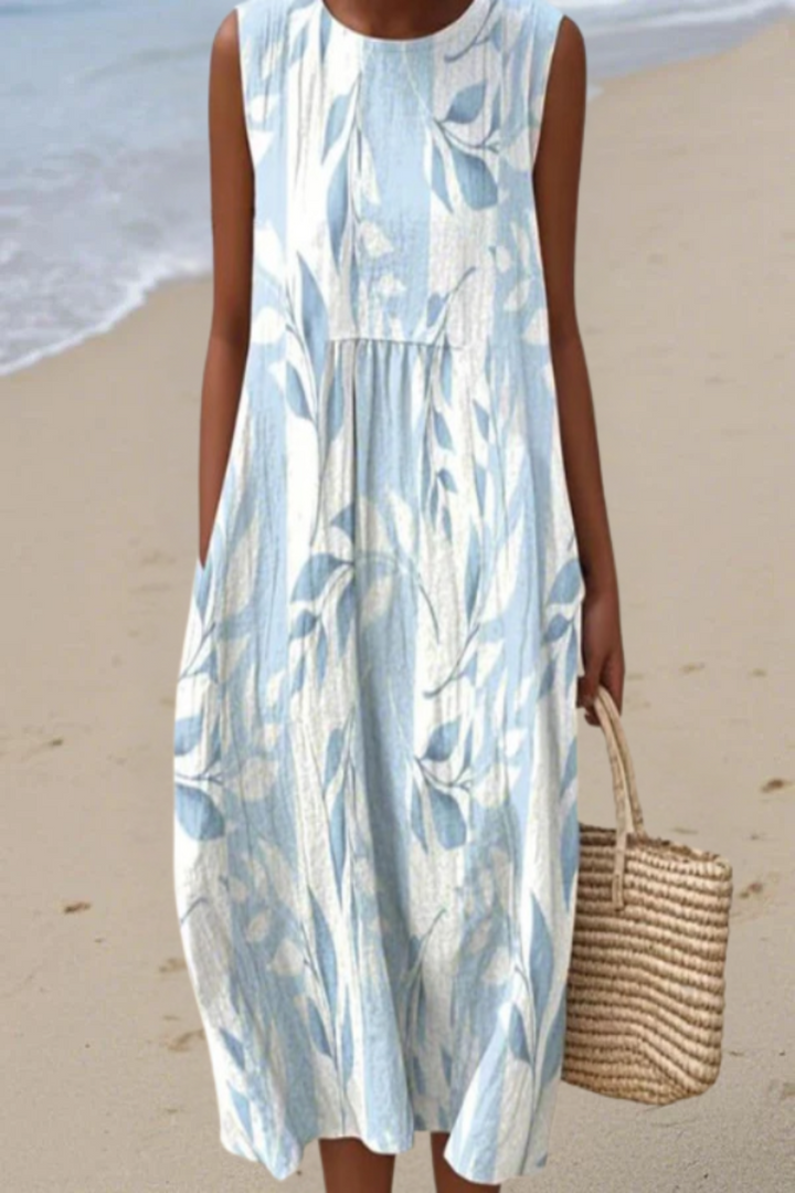 Multicolor leafy print sleeveless midi dress for women. Elegant & comfortable for spring outings or summer casual chic fashion.