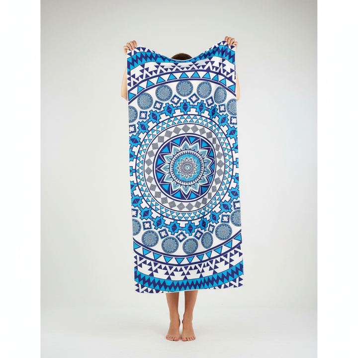 Close-up of a colorful mandala beach towel, soft fabric, ideal for indoor decor or beach use