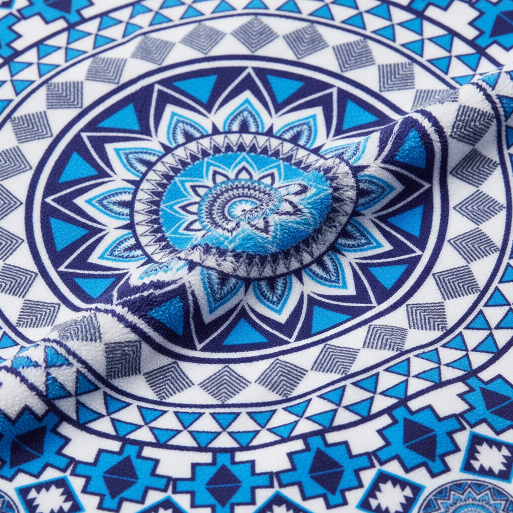 Unisex vibrant mandala beach towel, spread out on sand, lively colors for beach or picnic