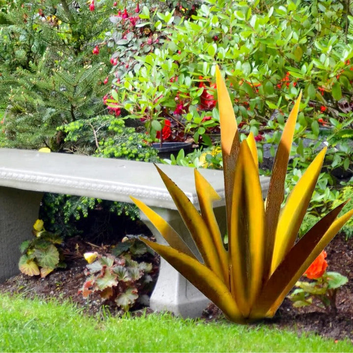 Vibrant metal agave art sculpture, versatile decorative plant for home, garden, or patio.