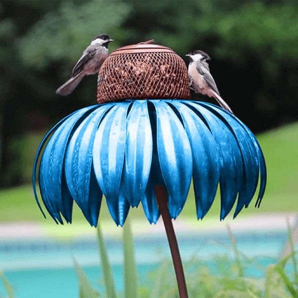 Vibrant metal coneflower bird feeder for outdoor garden decor, attracting wild birds for nature lovers.