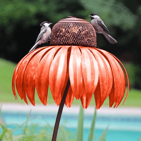 Elegant coneflower bird feeder enhances garden decor, perfect for birdwatching and attracting wild birds outdoors.