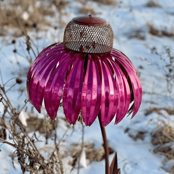 Colorful coneflower bird feeder, a unique garden accessory designed for wild birds and outdoor birdwatching.