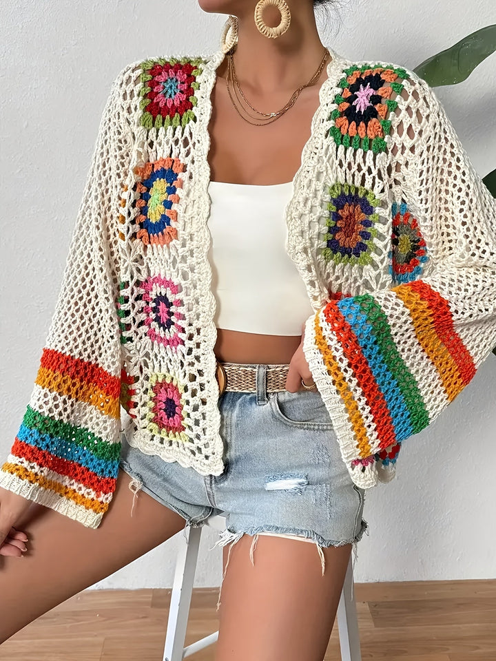 Vibrant mosaic crochet cardigan for women, featuring stylish bell sleeves & a relaxed fit, perfect for spring layering.