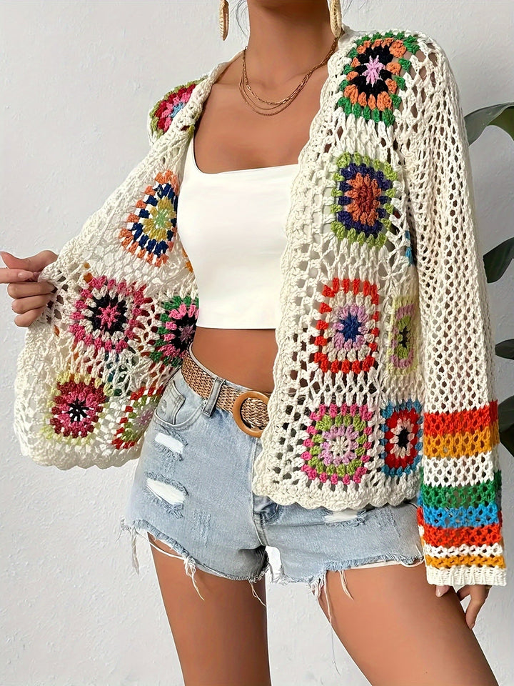 Women's long sleeve vibrant mosaic crochet cardigan with bell sleeves, a versatile layering piece for spring/summer outfits.
