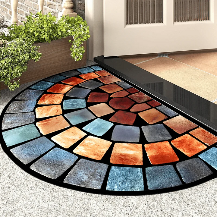 Vibrant mosaic pattern doormat for entryway. Durable, non-slip indoor/outdoor welcome mat. Stylish home decor.