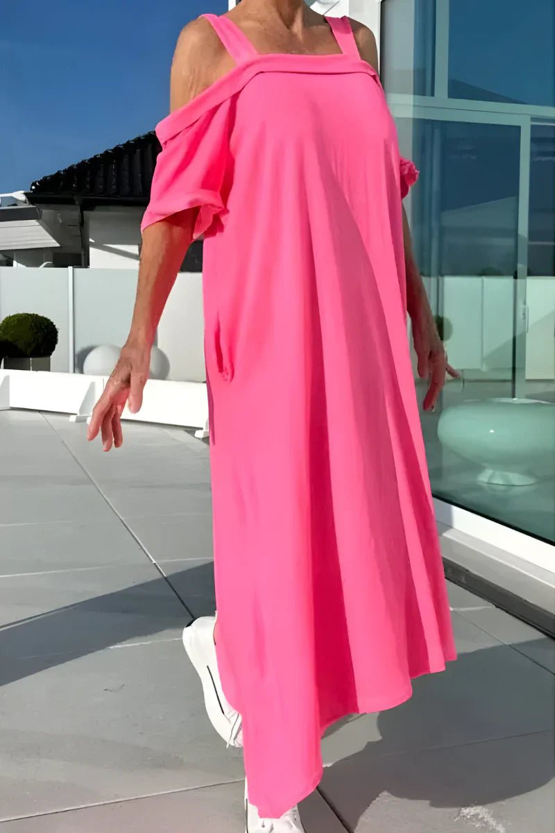 Nova Women's long off-shoulder maxi dress in a flowy fabric, ideal for summer, vacation, or casual wear.