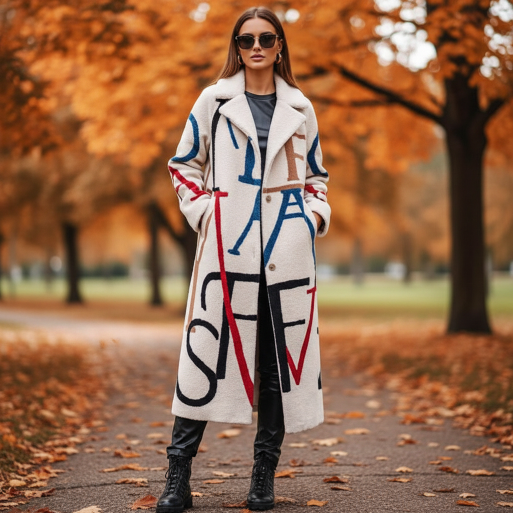Vibrant patterned oversized long coat for women, ideal for autumn fashion outerwear
