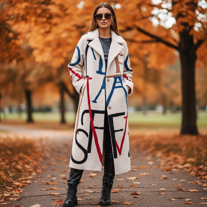 Vibrant patterned oversized long coat for women, ideal for autumn fashion outerwear