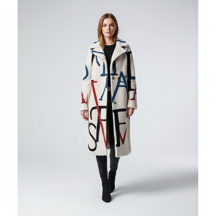 Stylish women's colorful long coat with unique pattern, perfect for winter outfits