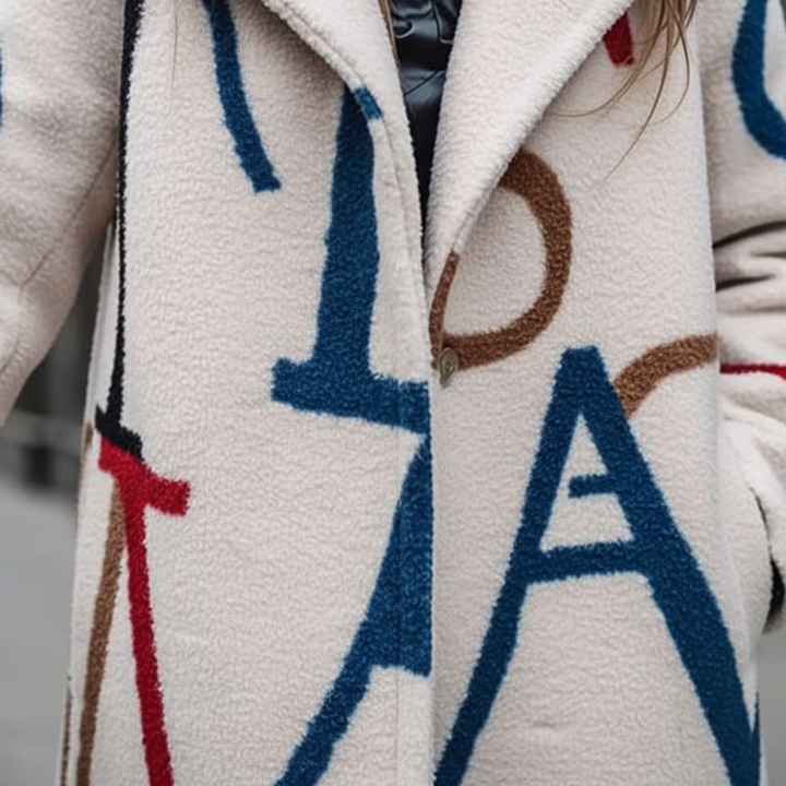 Oversized long coat for women featuring a vibrant autumn pattern, trendy outerwear