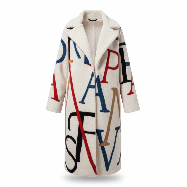 Fashionable women's patterned long coat, colorful and oversized for winter warmth